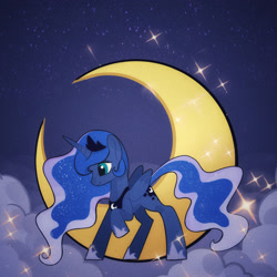 Size: 1680x1680 | Tagged: safe, artist:mink, derpibooru import, princess luna, alicorn, pony, g4, cloud, crescent moon, hoof shoes, moon, raised hoof, raised leg, solo