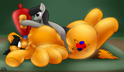 Size: 3057x1782 | Tagged: safe, artist:the-furry-railfan, derpibooru import, octavia melody, oc, oc:twintails, earth pony, pegasus, air tank, bellows, flattened, inflated wings, inflation, kiss inflation, kissing, living inflatable, panicking, puffy cheeks, story included, this will end in balloons, wings