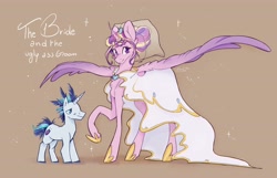 Size: 4096x2639 | Tagged: safe, artist:galaxiastar1, derpibooru import, princess cadance, shining armor, alicorn, pony, unicorn, g4, 2024, alternate hairstyle, clothes, dress, duo, duo male and female, female, height difference, hoof shoes, horn, male, mare, meme, messy mane, princess shoes, raised hoof, raised leg, shiningcadance, shipping, signature, simple background, size difference, smiling, sparkles, spread wings, stallion, straight, tan background, the bride and the ugly ass groom, toy interpretation, veil, wedding dress, wedding veil, wings