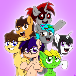 Size: 1280x1280 | Tagged: safe, artist:orange becrux, derpibooru import, oc, oc:cassie, oc:fredonejo prism, oc:leonely, oc:orange becrux, oc:papery xlp, oc:partx, oc:real end, pegasus, unicorn, fangs, female, femboy, glasses, horn, male