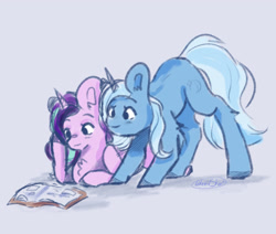 Size: 3000x2541 | Tagged: safe, artist:galaxiastar1, derpibooru import, starlight glimmer, trixie, pony, unicorn, g4, book, chest fluff, duo, duo female, female, horn, lying down, mare, prone, reading, signature, simple background, tail