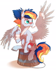 Size: 1650x2070 | Tagged: safe, artist:bright banner, artist:黑白星, derpibooru import, oc, oc only, oc:bright banner, pegasus, pony, bandage, bandaid, bandaid on nose, bucket, eyelashes, femboy, male, male oc, pegasus oc, simple background, sitting, solo, treat, white background, wings