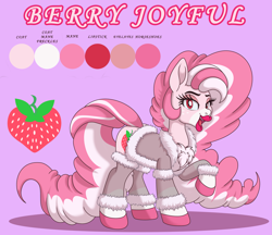 Size: 3807x3291 | Tagged: safe, artist:pananovich, derpibooru import, oc, oc only, oc:berry joyful, earth pony, pony, bathrobe, big lips, bimbo, bimbo oc, chest fluff, clothes, commission, female, lidded eyes, mare, name, open mouth, open smile, purple background, raised hoof, raised leg, reference sheet, robe, simple background, smiling, solo