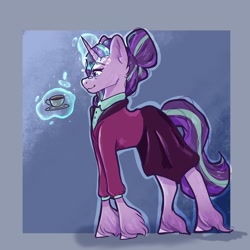 Size: 2048x2048 | Tagged: safe, artist:galaxiastar1, derpibooru import, starlight glimmer, pony, unicorn, g4, clothes, coffee, cup, female, glowing, glowing horn, guidance counselor, horn, levitation, magic, magic aura, mare, older, older starlight glimmer, passepartout, skirt, smiling, solo, tail, telekinesis, unshorn fetlocks