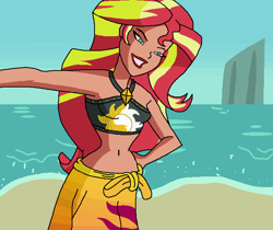 Size: 670x564 | Tagged: safe, artist:ocean lover, derpibooru import, sunset shimmer, alicorn, human, equestria girls, forgotten friendship, g4, bare midriff, bare shoulders, beach, beautiful, belly, belly button, bikini, bikini babe, clothes, curvy, equestria girls specials, female, hourglass figure, human coloration, island, light skin, lips, lipstick, midriff, ms paint, ocean, outdoors, pose, pretty, red lipstick, sand, sarong, sky, smiling, solo, stupid sexy sunset shimmer, summer sunset, sunset shimmer swimsuit, swimsuit, teal eyes, two toned hair, water, wave