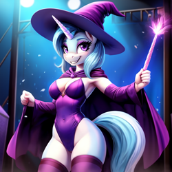 Size: 680x680 | Tagged: safe, ai content, derpibooru import, machine learning generated, trixie, anthro, unicorn, g4, belly, belly button, breasts, cape, cleavage, clothes, hat, horn, leotard, magic, magician, magician outfit, prompter:dordrago, smiling, socks, stage, stupid sexy trixie, thigh highs, wand, wizard hat