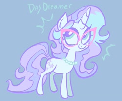 Size: 1704x1408 | Tagged: safe, artist:janegumball, derpibooru import, oc, oc only, oc:day dreamer (janegumball), pony, unicorn, big eyes, blue background, blue coat, emanata, eyelashes, female, female oc, glasses, green eyes, green text, horn, jewelry, light blue coat, long mane, long tail, looking up, mare, mare oc, necklace, pearl necklace, ponysona, purple tail, simple background, solo, standing, tail, text, thick horn, three toned mane, two toned tail, unicorn horn, unicorn oc, wavy mane, wavy tail