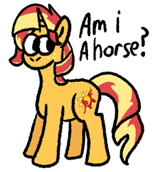 Size: 562x620 | Tagged: safe, artist:zoeyhorse, derpibooru import, sunset shimmer, pony, unicorn, g4, dialogue, female, freckles, horn, mare, simple background, solo, white background