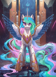 Size: 1024x1408 | Tagged: safe, ai content, derpibooru import, generator:pony diffusion v6 xl, generator:stable diffusion, machine learning generated, princess celestia, alicorn, cyborg, pony, robot, robot pony, g4, bust, female, full body, gynoid, horn, long hair, mare, prompter:star-dragon, robolestia, roboticization, serious, solo, spread wings, wings