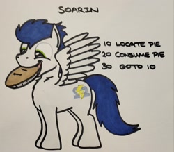 Size: 2048x1798 | Tagged: safe, artist:hoofclid, derpibooru import, soarin', pegasus, pony, g4, chest fluff, food, male, marker drawing, mouth hold, pie, programming, redraw, solo, spread wings, stallion, text, that pony sure does love pies, traditional art, wings