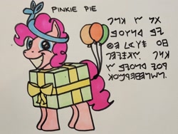 Size: 2048x1536 | Tagged: safe, artist:hoofclid, derpibooru import, pinkie pie, earth pony, pony, g4, balloon, balloon animal, female, grin, looking at you, male, mare, marker drawing, phoenician, pinkie being pinkie, present, redraw, smiling, smiling at you, solo, stallion, text, traditional art