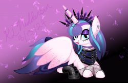 Size: 5100x3300 | Tagged: safe, artist:kelseyleah, derpibooru import, princess flurry heart, alicorn, pony, chains, clothes, crown, ear piercing, earring, eyeshadow, female, goth, gradient background, jewelry, lip piercing, lipstick, looking at you, lying down, makeup, mare, nose piercing, older, older flurry heart, piercing, princess emo heart, prone, regalia, signature, solo, wings