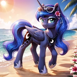 Size: 2560x2560 | Tagged: safe, ai content, derpibooru import, generator:stable diffusion, machine learning generated, princess luna, alicorn, pony, g4, beach, female, flower, flower in hair, head turn, horn, looking at you, mare, ocean, one leg raised, prompter:kluknawa235, smiling, smiling at you, sunglasses, sunglasses on head, three quarter view, water, wings