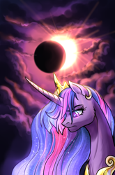 Size: 1229x1864 | Tagged: safe, artist:not-ordinary-pony, derpibooru exclusive, derpibooru import, princess twilight 2.0, twilight sparkle, twilight sparkle (alicorn), alicorn, bust, crepuscular rays, eclipse, female, glowing, glowing eyes, glowing mane, mare, older, older twilight, older twilight sparkle (alicorn), portrait, sad, solo