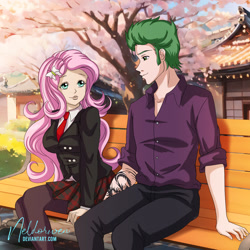 Size: 1920x1920 | Tagged: safe, artist:neldorwen, derpibooru import, fluttershy, spike, human, g4, anime, clothes, commission, commissioner:beef--wellington, digital art, duo, duo male and female, fanart, fanfic art, female, flutterspike, human spike, humanized, male, older, older spike, romance, romantic, school uniform, schoolgirl, shipping, story:the life and times of the equestrian dragon, straight, teenage spike, teenager