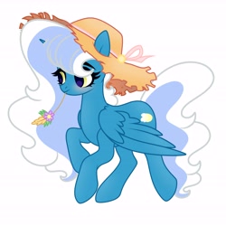 Size: 6890x6890 | Tagged: safe, artist:riofluttershy, derpibooru import, oc, oc only, oc:fleurbelle, alicorn, pony, alicorn oc, bow, female, flying, golden eyes, hat, horn, mare, pink bow, simple background, solo, straw hat, straw in mouth, tail, two toned hair, two toned mane, two toned tail, white background, wings