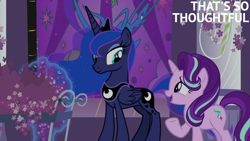 Size: 2000x1125 | Tagged: safe, derpibooru import, edit, edited screencap, editor:quoterific, screencap, princess luna, starlight glimmer, a royal problem, g4, canterlot castle interior, duo, duo female, female, flower, stained glass