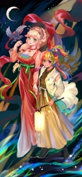 Size: 2362x5080 | Tagged: safe, artist:卯卯七, derpibooru import, applejack, rainbow dash, bird, human, g4, appledash, bell, blushing, breasts, cleavage, clothes, dress, duo, female, hairclip, hanfu, headdress, holding hands, humanized, jewelry, lantern, lesbian, looking at you, moon, necklace, paper lantern, ponytail, ribbon, robe, shipping, smiling, smiling at you, stars, winged humanization, wings