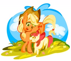 Size: 1708x1457 | Tagged: safe, artist:yurigirlsies, derpibooru import, apple bloom, applejack, earth pony, pony, apple sisters, cloud, female, filly, foal, grass, mare, one eye closed, open mouth, outdoors, siblings, sisters, smiling, wink