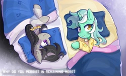 Size: 1619x985 | Tagged: safe, artist:rlabbiy, derpibooru import, lyra heartstrings, octavia melody, earth pony, pony, unicorn, clothes, duo, duo female, female, futon, horn, lying down, on side, pajamas, pillow, text