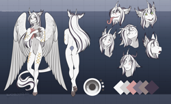 Size: 4433x2700 | Tagged: safe, artist:blackblood-queen, derpibooru import, oc, oc:yiazmat, anthro, draconequus, feathered wings, grin, horn, horns, hypno eyes, hypnosis, kaa eyes, male, paw pads, paws, reference sheet, smiling, surprised, tail, tongue, tongue out, tooth, underpaw, wings