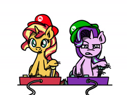 Size: 1800x1350 | Tagged: safe, artist:flutterluv, derpibooru import, starlight glimmer, sunset shimmer, pony, unicorn, g4, arcade stick, cap, cute, duo, duo female, female, glimmerbetes, hat, horn, luigi's hat, mario hat, shimmerbetes, simple background, white background