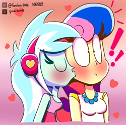 Size: 2376x2365 | Tagged: safe, artist:gordodel2006, derpibooru import, bon bon, lyra heartstrings, sweetie drops, human, equestria girls, g4, blushing, female, flag background, gradient background, heart, high res, kiss on the cheek, kissing, lesbian, lesbian pride flag, lyrabon, pride, pride flag, shipping