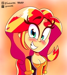 Size: 2510x2831 | Tagged: safe, artist:gordodel2006, derpibooru import, sunset shimmer, human, equestria girls, g4, blushing, breasts, bust, cleavage, clothes, female, grin, high res, portrait, smiling, solo, sunset jiggler