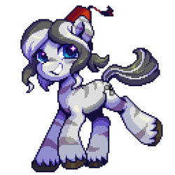 Size: 1024x1024 | Tagged: safe, artist:hikkage, derpibooru import, oc, oc only, oc:zakima zamelid, zebra, digital art, female, fez, hat, mare, pixel art, simple background, smiling, solo, starry eyes, transparent background, wingding eyes, zebra oc