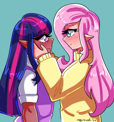 Size: 2550x2745 | Tagged: safe, artist:mylittleyuri, derpibooru import, fluttershy, twilight sparkle, human, blue background, blushing, clothes, dark skin, duo, duo female, elf ears, female, hands on cheeks, humanized, lesbian, looking at each other, looking at someone, shipping, shirt, simple background, sweater, sweater vest, sweatershy, twishy