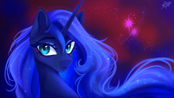 Size: 5760x3240 | Tagged: safe, artist:jsunlight, derpibooru import, princess luna, alicorn, pony, absurd resolution, bust, female, looking at you, mare, portrait, screentone, solo, three quarter view, wallpaper