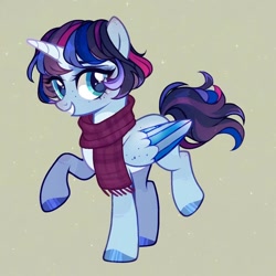 Size: 1024x1024 | Tagged: artist needed, safe, derpibooru import, oc, oc:wolf blake, alicorn, alicorn oc, clothes, female, fusion, fusion:twilight sparkle, horn, looking at you, scarf, smiling, smiling at you, striped wings, unnamed oc, wings