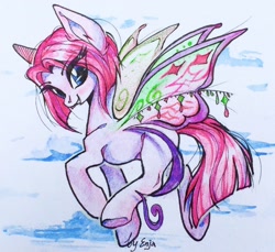 Size: 960x881 | Tagged: source needed, safe, artist:enjaadjital, derpibooru import, oc, oc only, pony, butterfly wings, cloud, colored pencil drawing, eye clipping through hair, eyebrows, eyebrows visible through hair, female, female oc, flying, looking at you, mare, mare oc, oc name needed, side view, sky, smiling, solo, traditional art, wings