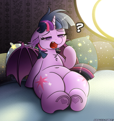 Size: 1833x1947 | Tagged: safe, artist:andaluce, artist:pabbley, derpibooru import, twilight sparkle, twilight sparkle (alicorn), alicorn, bat pony, bat pony alicorn, pony, g4, bat ponified, bat wings, bed, bed mane, belly, belly button, chest fluff, chubby, cute, ears, fangs, fat, female, floppy ears, hoof heart, horn, lidded eyes, lying down, mare, on back, on bed, open mouth, question mark, race swap, sleeping, sleepy, solo, transformation, twiabetes, twibat, underhoof, waking up, wings, yawn