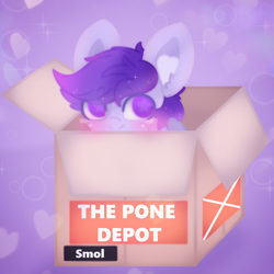 Size: 1168x1168 | Tagged: safe, artist:sodapop sprays, derpibooru import, oc, oc only, oc:shizu, pegasus, pony, blushing, box, commission, ear fluff, ears, eye clipping through hair, pone depot, pony in a box, smiling, solo, ych result, your character here