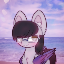 Size: 1500x1500 | Tagged: safe, artist:sodapop sprays, derpibooru import, oc, oc only, oc:bored dumbass, pegasus, pony, beach, blushing, chest fluff, colored wings, ear fluff, ears, glasses, solo, wings