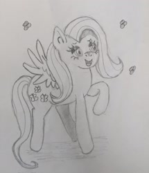 Size: 1765x2048 | Tagged: safe, artist:twipiebongrip, derpibooru import, pegasus, pony, female, mare, pencil drawing, raised hoof, raised leg, sketch, smiling, solo, traditional art