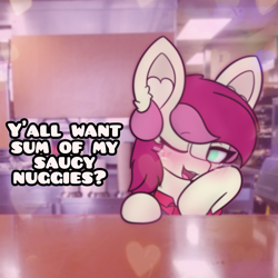 Size: 2664x2664 | Tagged: safe, artist:sodapop sprays, derpibooru import, part of a series, part of a set, roseluck, earth pony, pony, series:roseluck can't catch a break, blushing, clothes, ear fluff, ears, flirting, looking at you, one eye closed, series, solo, uniform, wendy's, wink