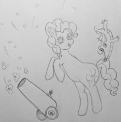 Size: 1021x1024 | Tagged: safe, artist:twipiebongrip, derpibooru import, gummy, alligator, earth pony, pony, cannon, female, mare, pencil drawing, rearing, sketch, solo, traditional art