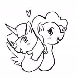 Size: 2048x2048 | Tagged: safe, artist:twipiebongrip, derpibooru import, pinkie pie, twilight sparkle, twilight sparkle (alicorn), alicorn, earth pony, pony, black and white, duo, female, grayscale, grin, heart, lesbian, monochrome, shipping, simple background, smiling, twinkie, white background