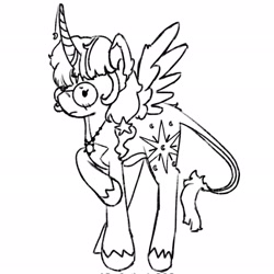 Size: 2047x2048 | Tagged: safe, artist:twipiebongrip, derpibooru import, twilight sparkle, twilight sparkle (alicorn), alicorn, pony, alternate design, black and white, grayscale, monochrome, nervous, simple background, solo, white background