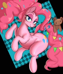 Size: 1700x2000 | Tagged: safe, artist:dominismortis, derpibooru import, pinkie pie, earth pony, pony, g4, the last problem, :p, abstract background, butt, candy, confetti, female, food, large butt, lidded eyes, lollipop, mare, older, older pinkie pie, plot, plushie, smiling, teddy bear, tongue, tongue out