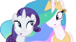 Size: 1280x720 | Tagged: safe, derpibooru import, edit, edited screencap, screencap, princess celestia, rarity, alicorn, pony, unicorn, g4, season 2, sweet and elite, :o, background removed, female, horn, looking at each other, looking at someone, mare, not a vector, open mouth, similarities, simple background, strange minds think alike, synchronized, transparent background