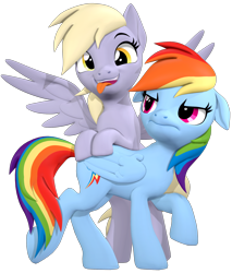 Size: 1700x2000 | Tagged: safe, artist:owlpirate, derpibooru import, derpy hooves, rainbow dash, pegasus, pony, g4, 3d, bipedal, bipedal leaning, cute, derpabetes, duo, duo female, ears, female, floppy ears, frown, leaning, looking back, mare, open mouth, open smile, rainbow dash is not amused, silly, smiling, source filmmaker, spread wings, tongue, tongue out, unamused, wings