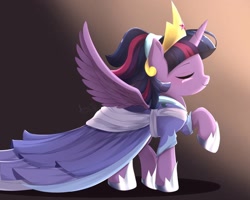 Size: 1250x1000 | Tagged: safe, artist:jxxnxmlp, derpibooru import, twilight sparkle, twilight sparkle (alicorn), alicorn, pony, the last problem, clothes, coronation dress, crown, dress, elegant, eyes closed, female, hoof shoes, jewelry, mare, raised hoof, raised leg, regal, regalia, second coronation dress, signature, simple background, solo, spread wings, wings