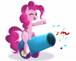 Size: 1250x1000 | Tagged: safe, artist:jxxnxmlp, derpibooru import, pinkie pie, earth pony, pony, confetti, female, mare, one eye closed, open mouth, open smile, party cannon, simple background, smiling, solo