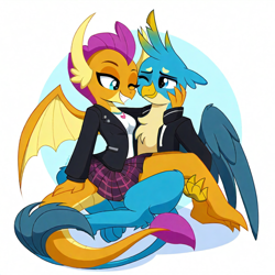 Size: 1024x1024 | Tagged: source needed, safe, ai content, derpibooru import, generator:novelai, generator:stable diffusion, machine learning generated, gallus, smolder, anthro, dragon, griffon, beak, breasts, clothes, duo, duo male and female, female, hug, jacket, male, one eye closed, prompter:mixedpixelcolour, shipping, sitting on person, skirt, smiling, smollus, straight, tail, wings