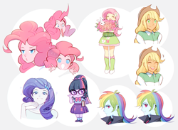 Size: 1200x880 | Tagged: safe, artist:megarock, derpibooru import, angel bunny, applejack, fluttershy, pinkie pie, rainbow dash, rarity, sci-twi, twilight sparkle, human, equestria girls, g4, aside glance, bouquet, chibi, eyes closed, flower, gray background, grin, humane five, humane six, looking at you, open mouth, simple background, smiling, sparkles, white background