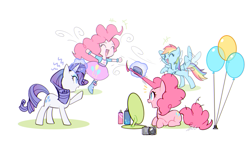 Size: 919x541 | Tagged: safe, artist:megarock, derpibooru import, pinkie pie, rainbow dash, rarity, earth pony, human, pegasus, pony, unicorn, equestria girls, g4, balloon, boots, camera, clothes, comb, eyes closed, female, high heel boots, horn, jacket, magic, magic aura, mare, mirror, open mouth, self paradox, self ponidox, shirt, shoes, simple background, skirt, spray can, telekinesis, vest, white background