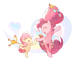 Size: 900x755 | Tagged: safe, artist:megarock, derpibooru import, boneless, li'l cheese, pinkie pie, earth pony, pony, semi-anthro, abstract background, bipedal, boneless 6, colt, confetti, cute, diapinkes, eyes closed, female, foal, holding hooves, li'l cuteese, male, mother and child, mother and son, older, older pinkie pie, parent and child, rubber chicken, smiling